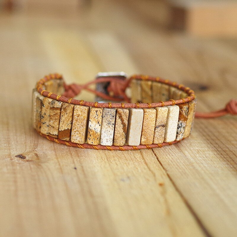 Hand Woven Picture Jasper & Leather Rectangle Bracelet