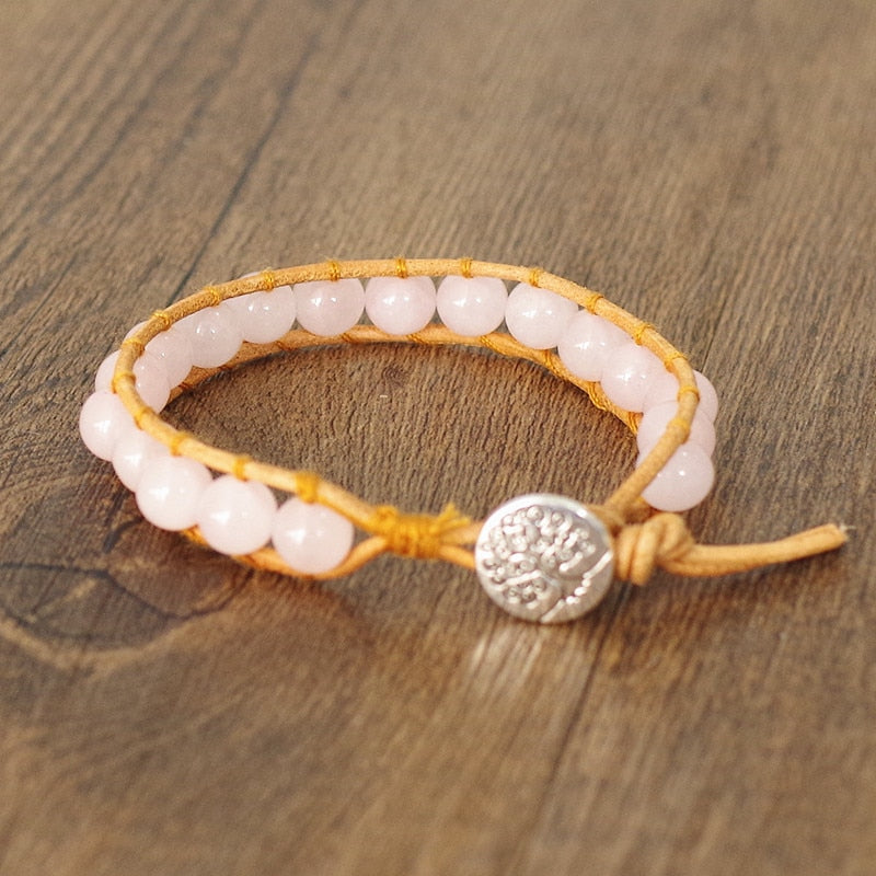 Hand Woven Leather Rose Quartz Bracelet