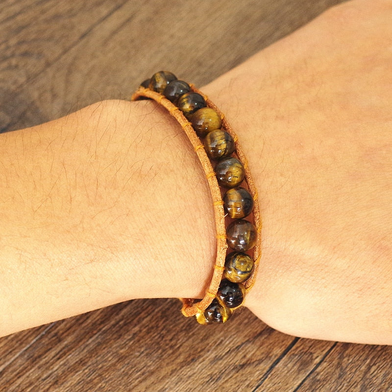 Hand Woven Leather Tigers Eye Bracelet