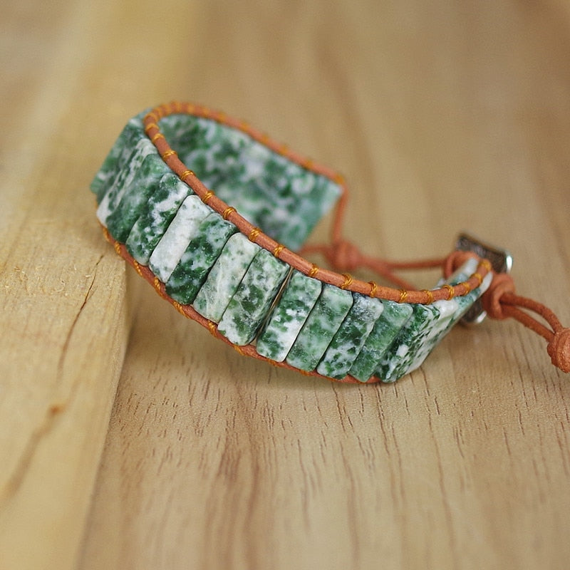 Hand Woven Tree Agate & Leather Rectangle Bracelet