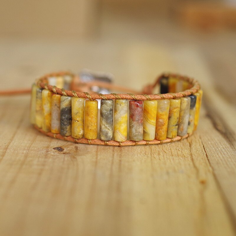 Hand Woven Crazy Lace Agate & Leather Cylinder Bracelet