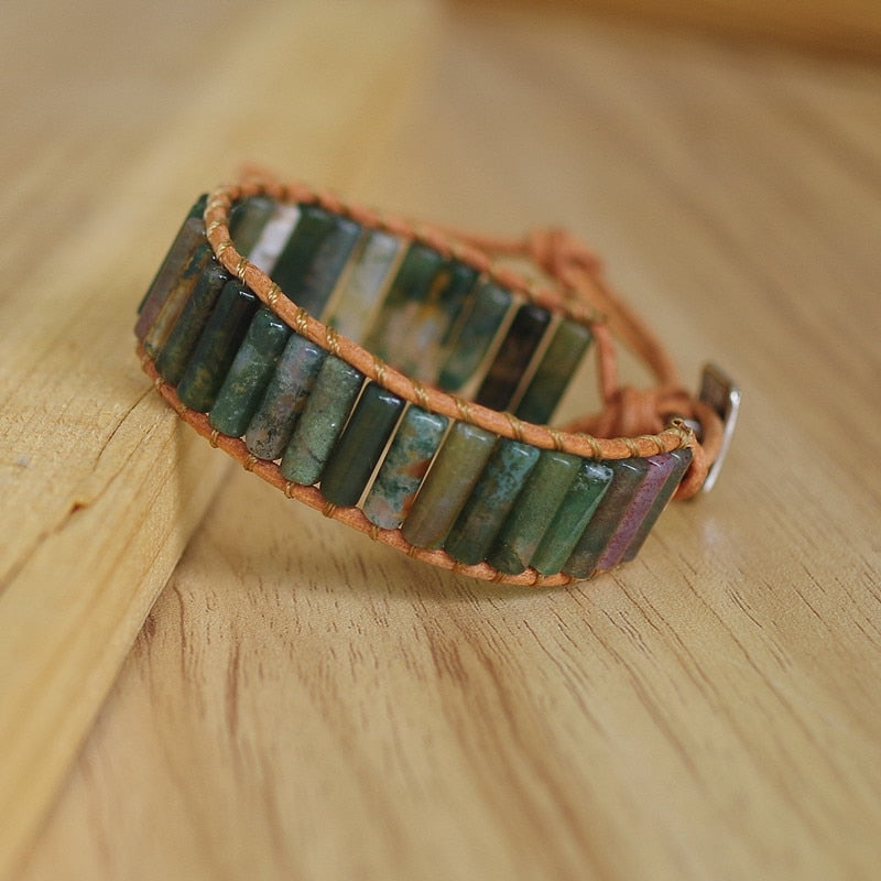 Hand Woven Moss Agate & Leather Cylinder Bracelet