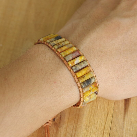 Hand Woven Crazy Lace Agate & Leather Cylinder Bracelet