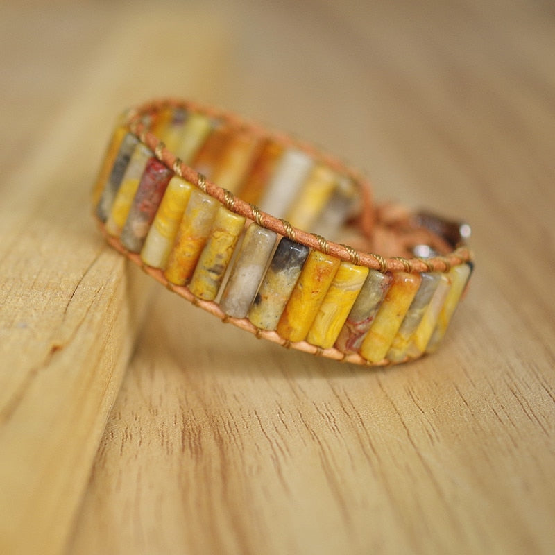 Hand Woven Crazy Lace Agate & Leather Cylinder Bracelet