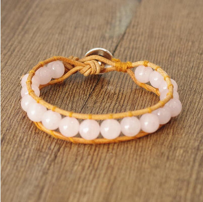 Hand Woven Leather Rose Quartz Bracelet