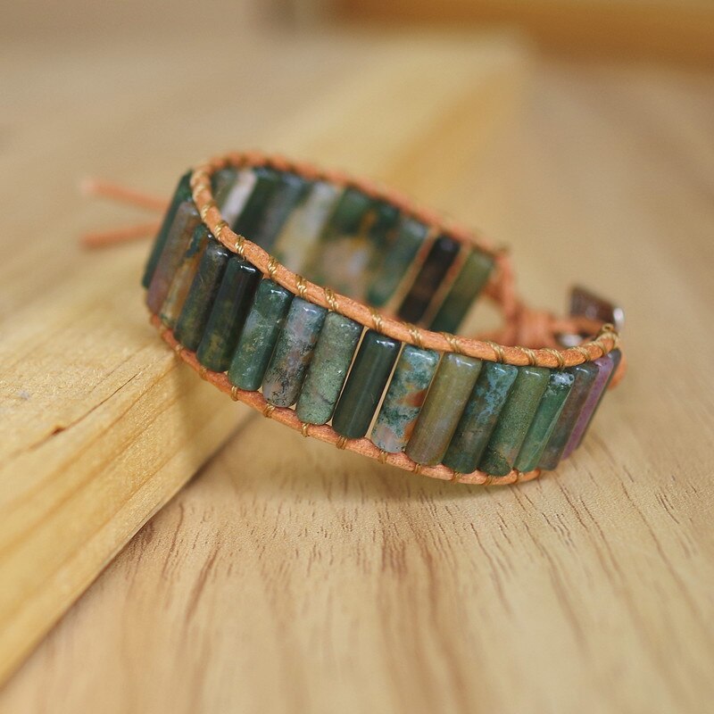 Hand Woven Moss Agate & Leather Cylinder Bracelet