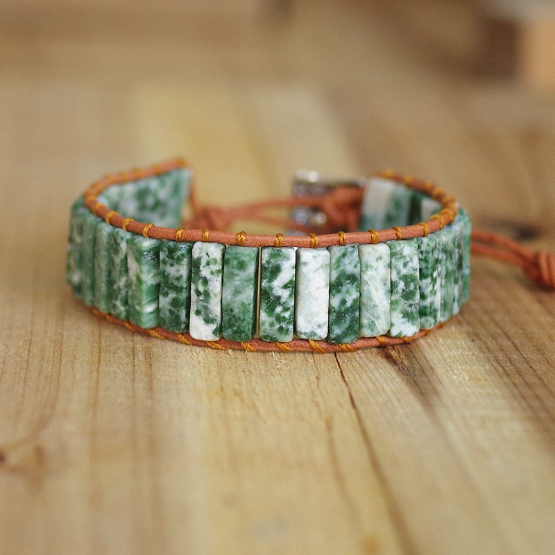 Hand Woven Tree Agate & Leather Rectangle Bracelet