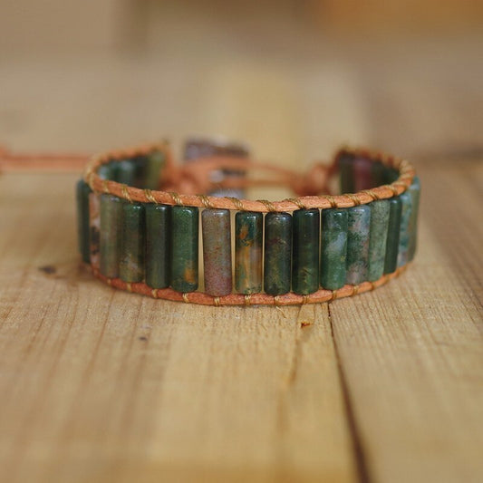 Hand Woven Moss Agate & Leather Cylinder Bracelet