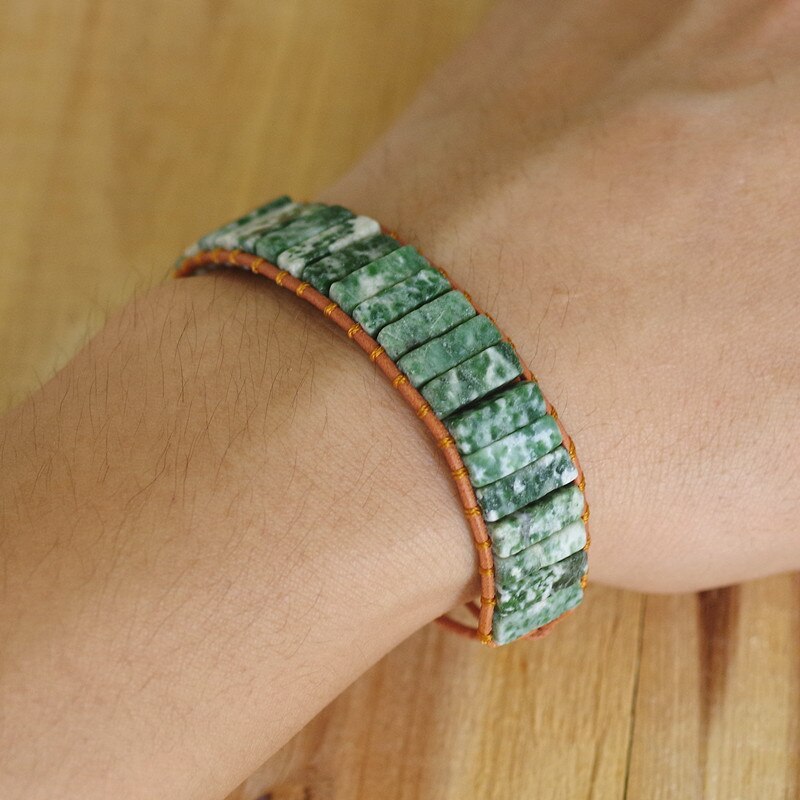 Hand Woven Tree Agate & Leather Rectangle Bracelet