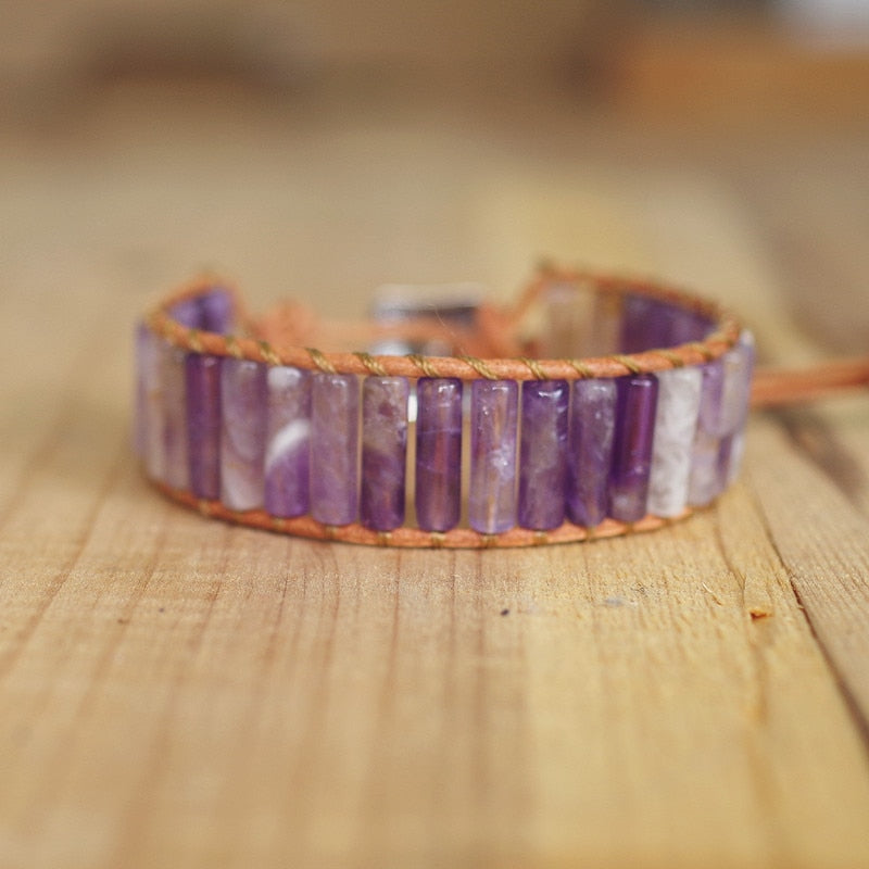 Hand Woven Amethyst & Leather Cylinder Bracelet