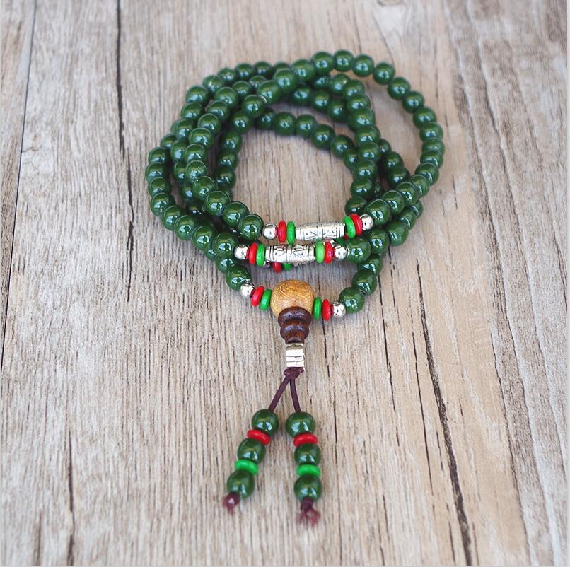 Mala Beads 108 Green Jade & Tibetan Silver