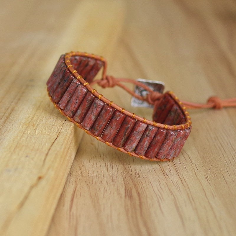 Hand Woven Red Jasper & Leather Cylinder Bracelet