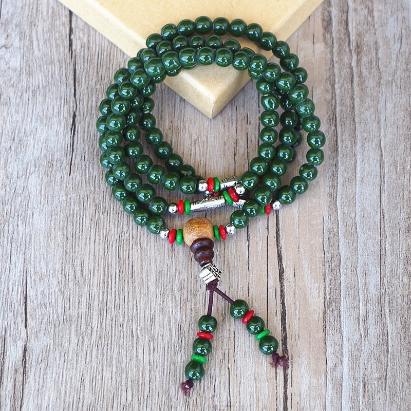 Mala Beads 108 Green Jade & Tibetan Silver