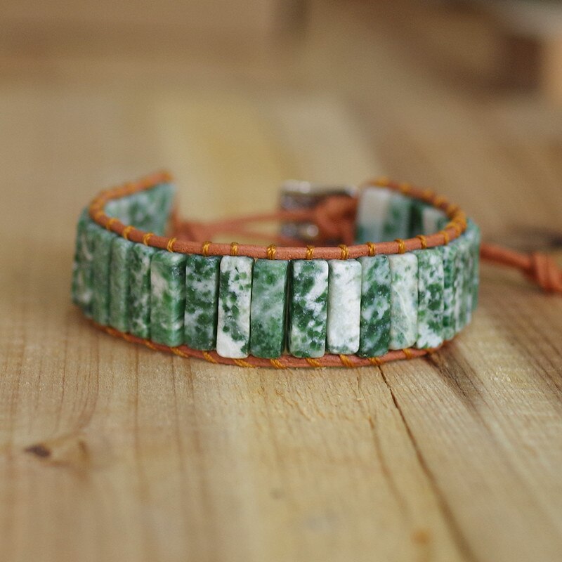 Hand Woven Tree Agate & Leather Rectangle Bracelet