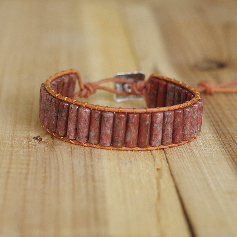 Hand Woven Red Jasper & Leather Cylinder Bracelet