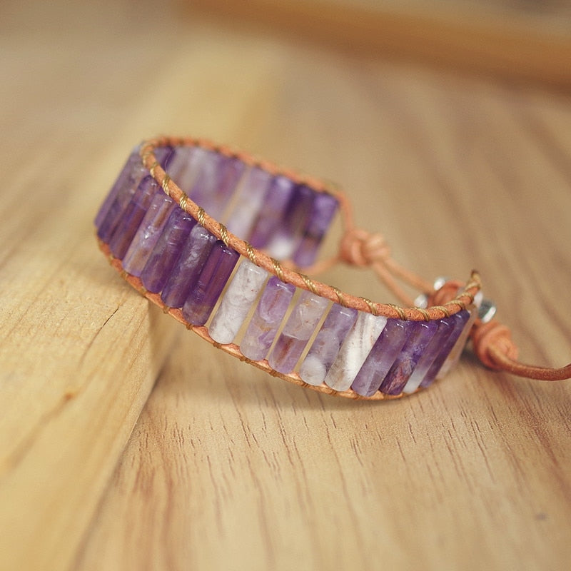 Hand Woven Amethyst & Leather Cylinder Bracelet