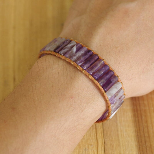 Hand Woven Amethyst & Leather Cylinder Bracelet