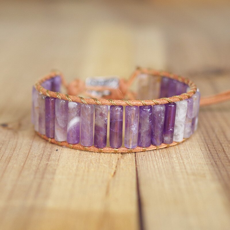 Hand Woven Amethyst & Leather Cylinder Bracelet