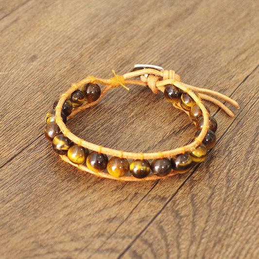 Hand Woven Leather Tigers Eye Bracelet