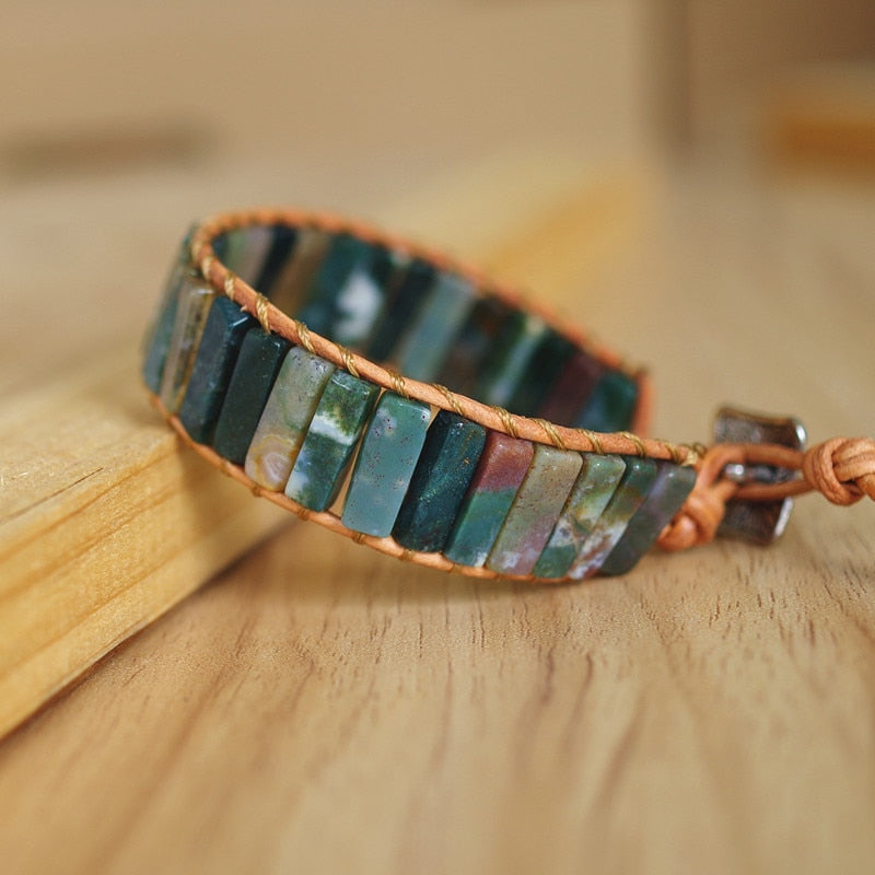 Hand Woven Ocean Jasper & Leather Rectangle Bracelet