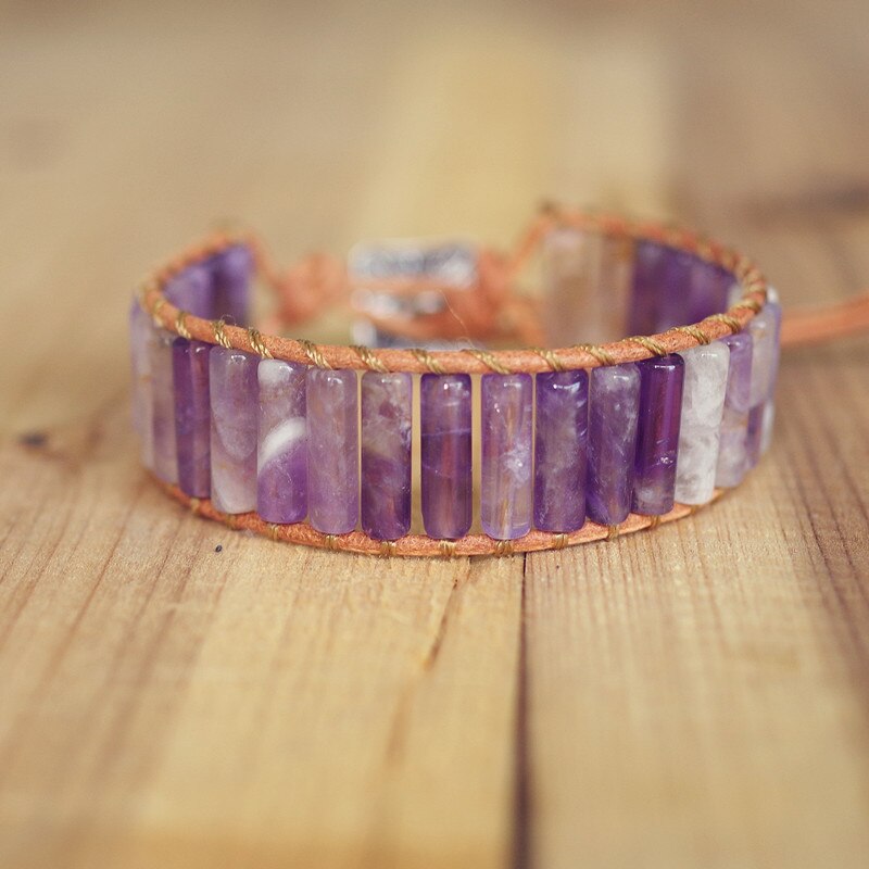 Hand Woven Amethyst & Leather Cylinder Bracelet