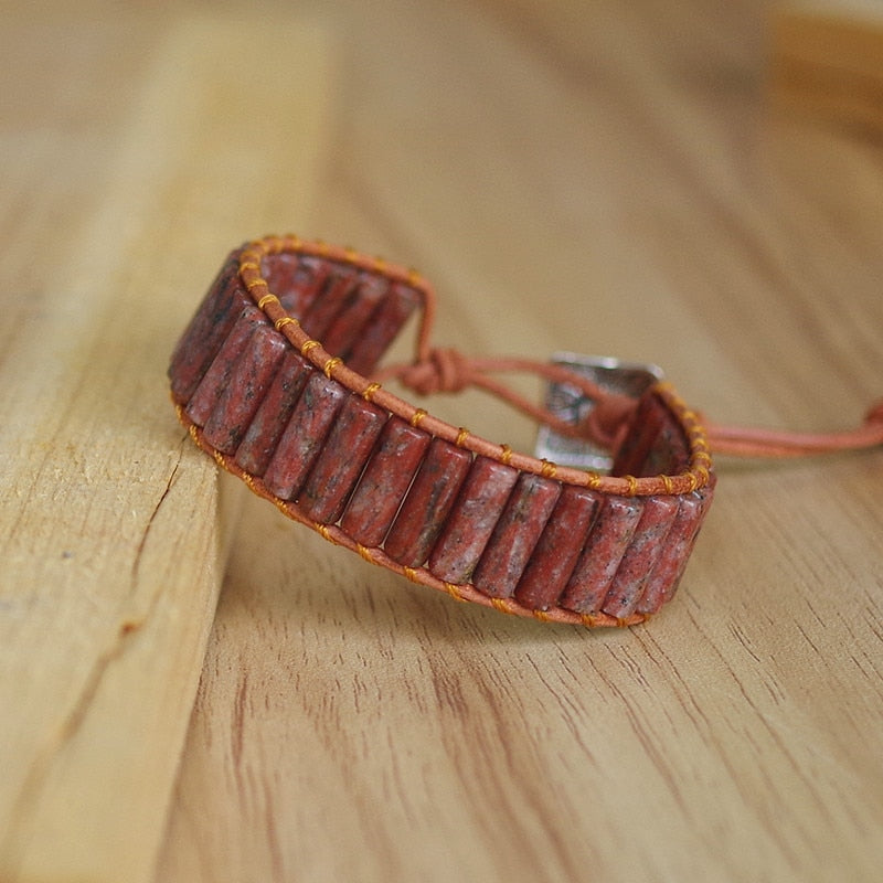 Hand Woven Red Jasper & Leather Cylinder Bracelet