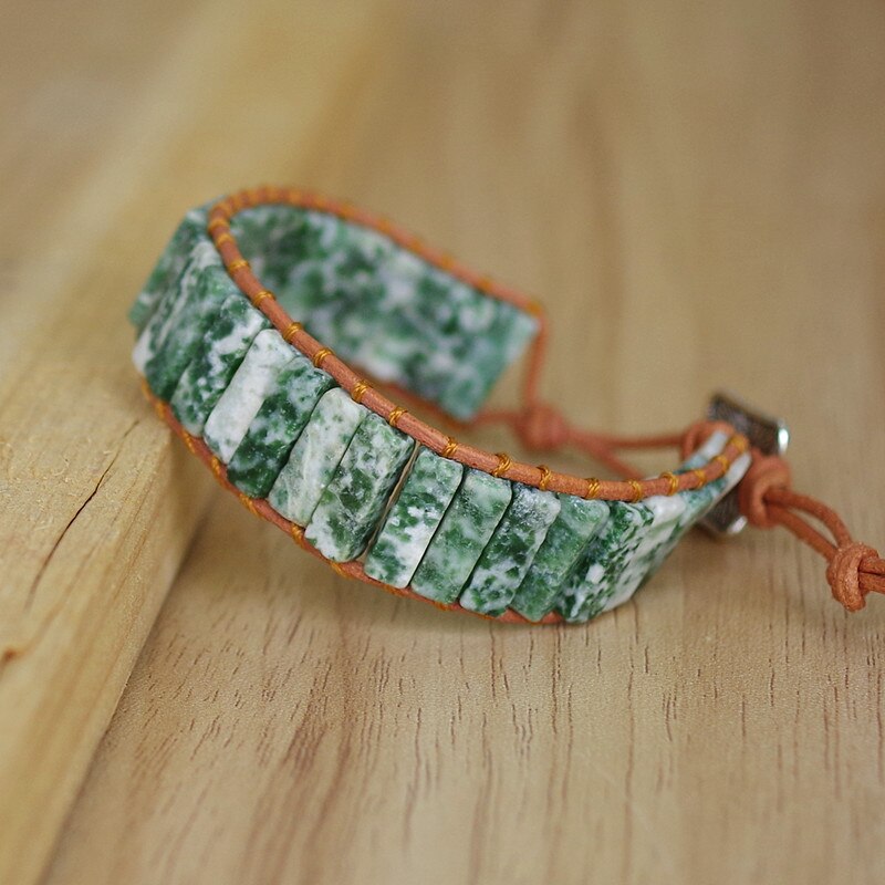 Hand Woven Tree Agate & Leather Rectangle Bracelet