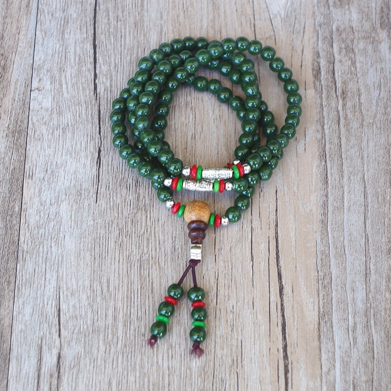 Mala Beads 108 Green Jade & Tibetan Silver