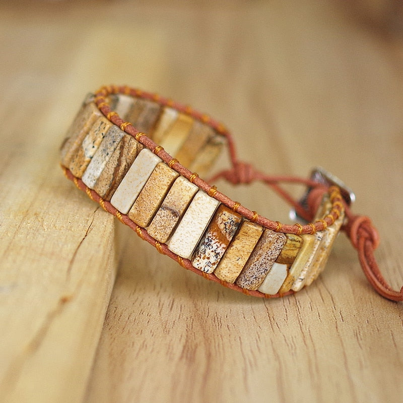 Hand Woven Picture Jasper & Leather Rectangle Bracelet