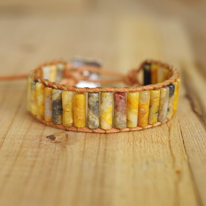 Hand Woven Crazy Lace Agate & Leather Cylinder Bracelet