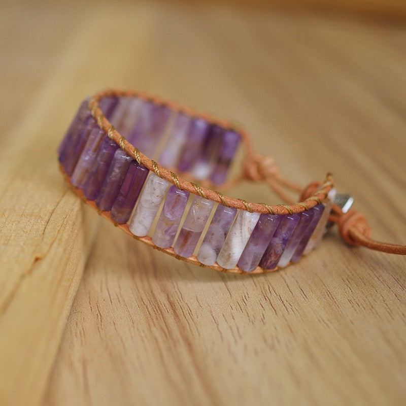 Hand Woven Amethyst & Leather Cylinder Bracelet