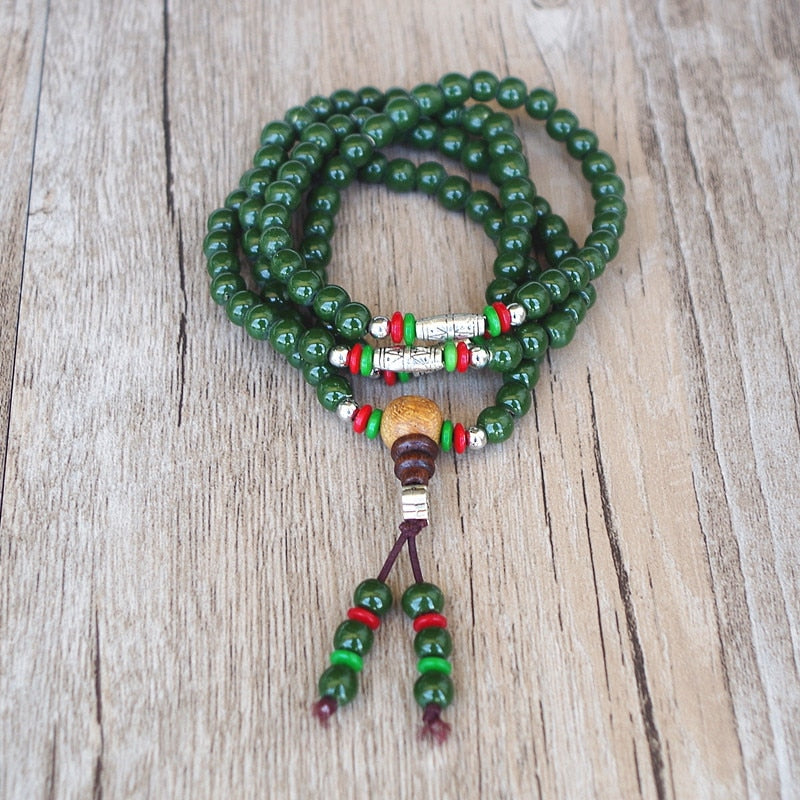 Mala Beads 108 Green Jade & Tibetan Silver