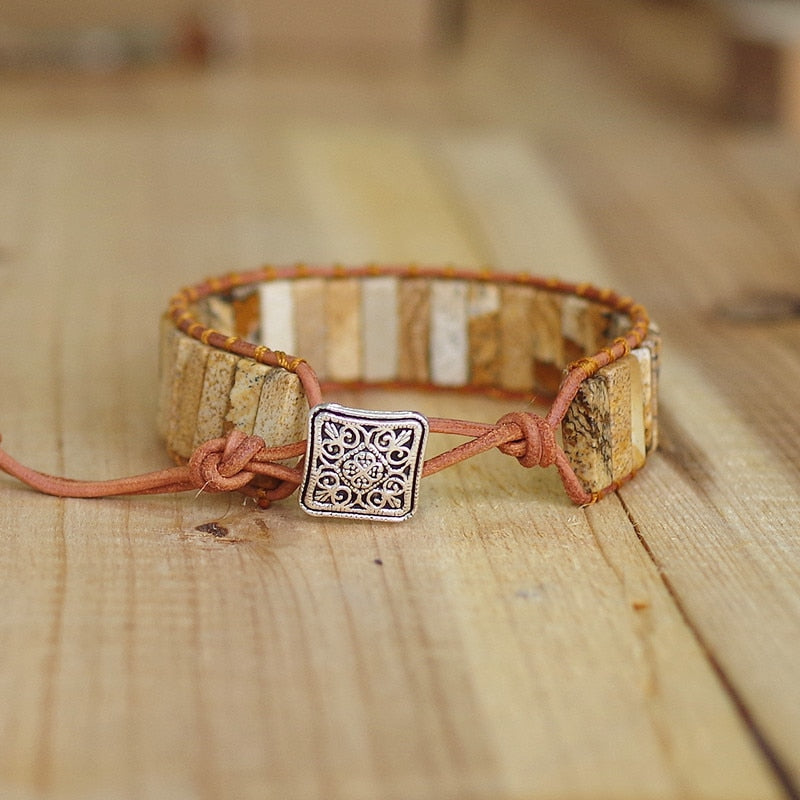 Hand Woven Picture Jasper & Leather Rectangle Bracelet