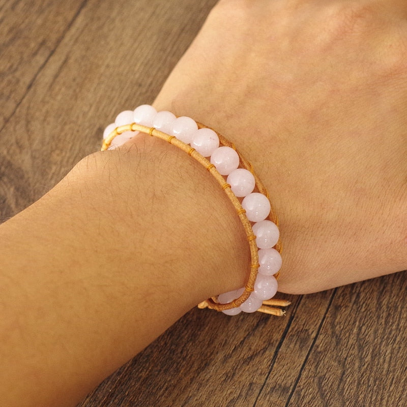 Hand Woven Leather Rose Quartz Bracelet