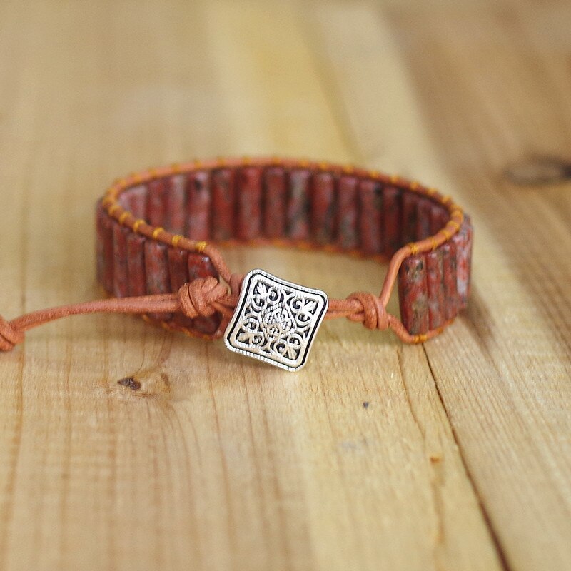 Hand Woven Red Jasper & Leather Cylinder Bracelet