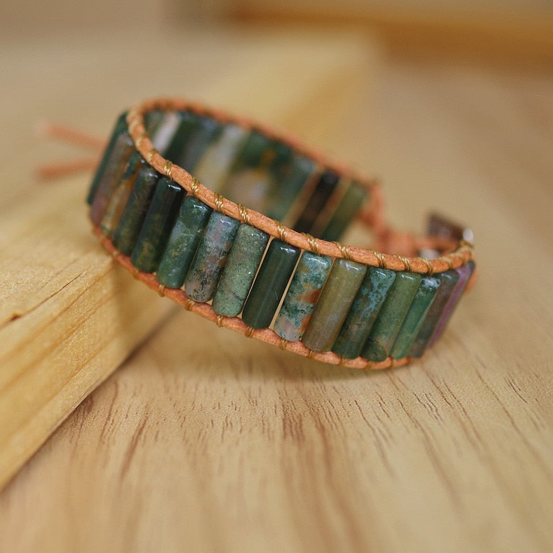 Hand Woven Moss Agate & Leather Cylinder Bracelet