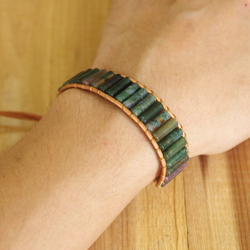 Hand Woven Moss Agate & Leather Cylinder Bracelet