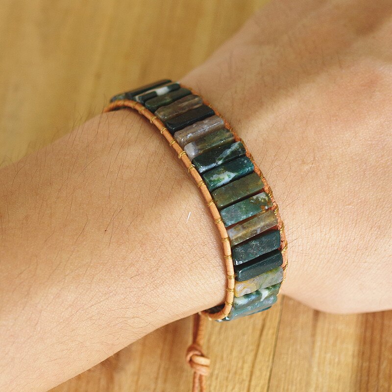 Hand Woven Ocean Jasper & Leather Rectangle Bracelet