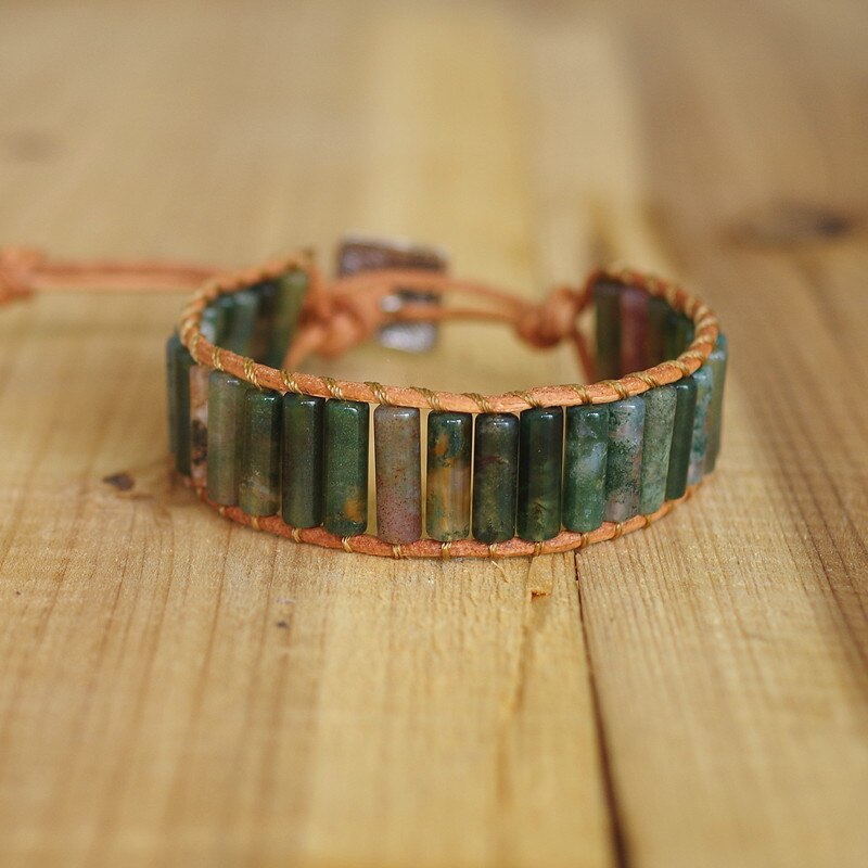 Hand Woven Moss Agate & Leather Cylinder Bracelet