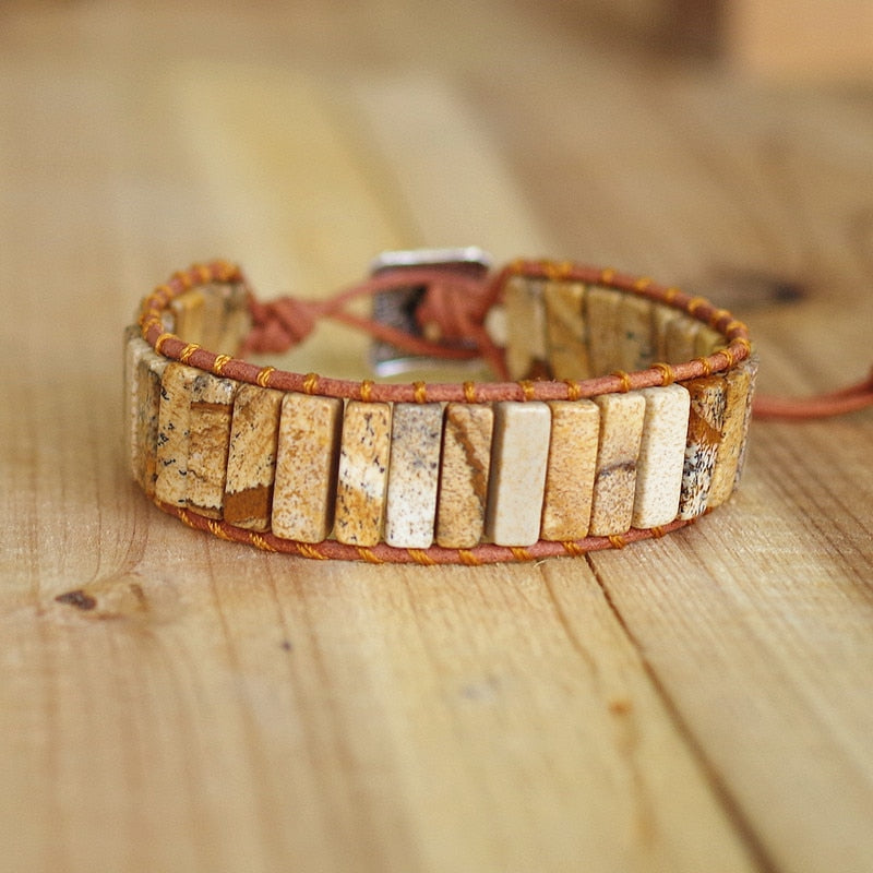 Hand Woven Picture Jasper & Leather Rectangle Bracelet