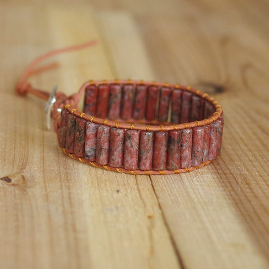 Hand Woven Red Jasper & Leather Cylinder Bracelet