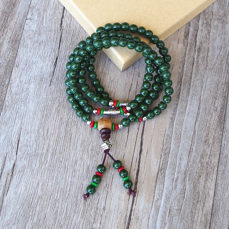 Mala Beads 108 Green Jade & Tibetan Silver