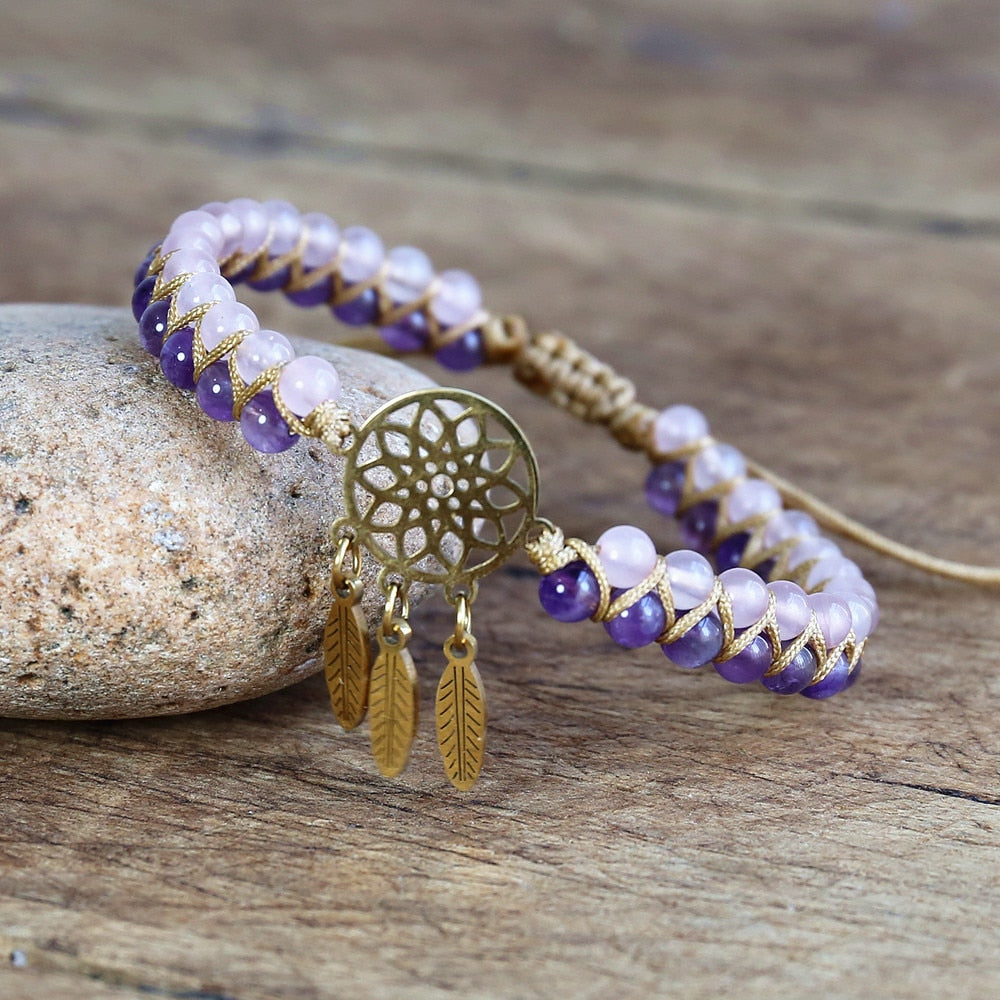 Hand Woven Rose Quartz Amethyst Dream Catch Bracelet