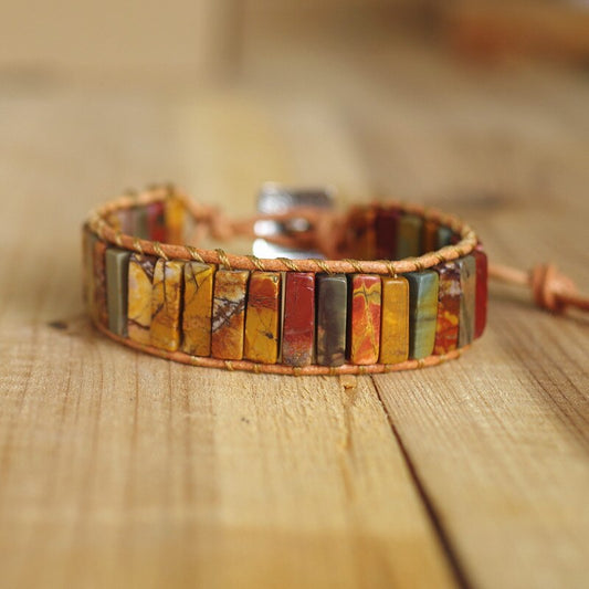 Hand Woven Mookaite/Picasso Jasper Mix & Leather Rectangle Bracelet