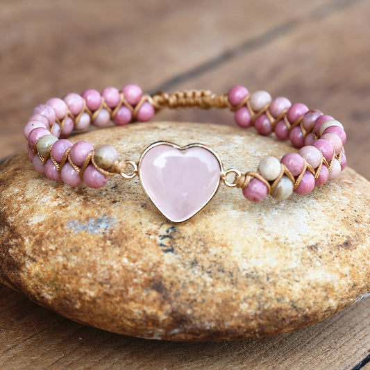 Hand Woven Rhodonite Rose Quartz Heart Bracelet