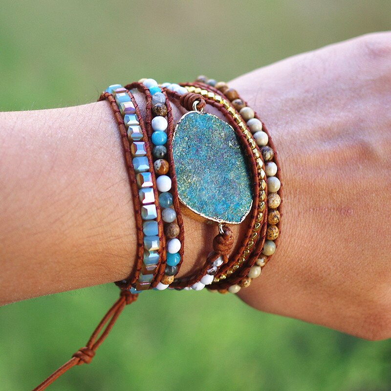 5 Strand Leather Layered Blue Druzy Bracelet