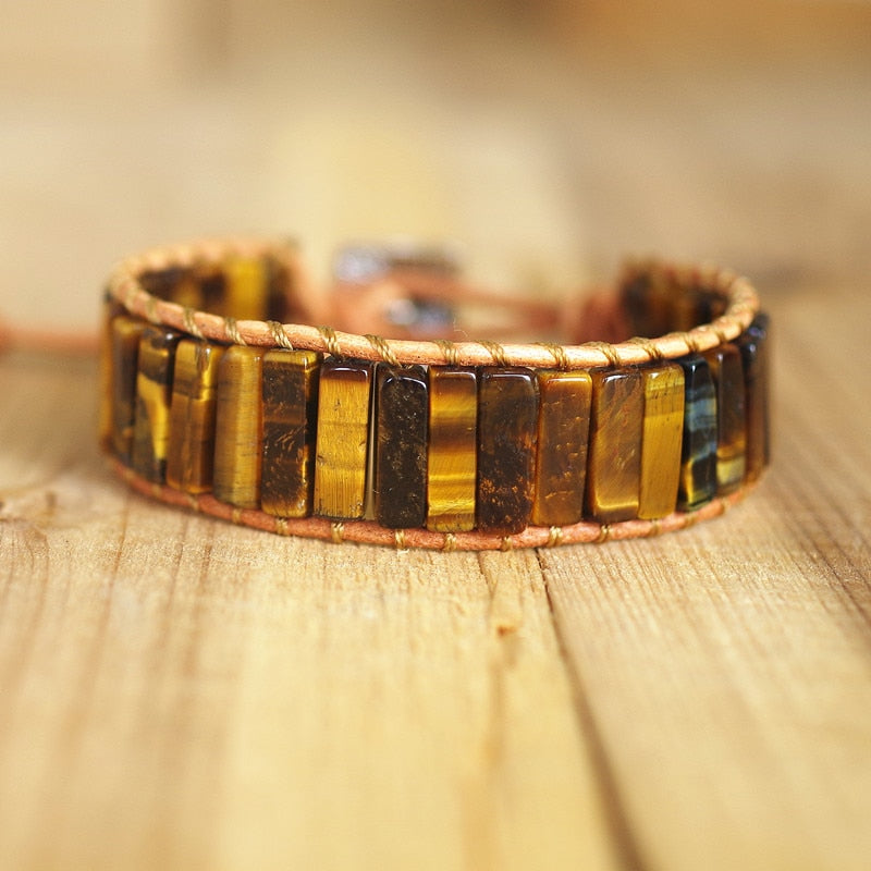 Hand Woven Tigers Eyes & Leather Rectangle Bracelet