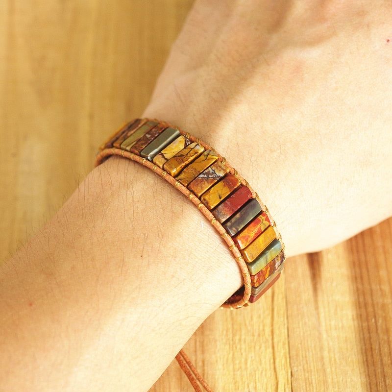 Hand Woven Mookaite/Picasso Jasper Mix & Leather Rectangle Bracelet