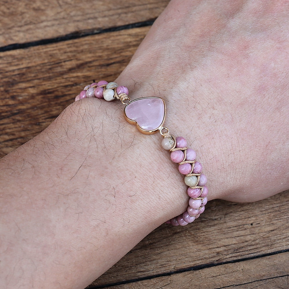 Hand Woven Rhodonite Rose Quartz Heart Bracelet