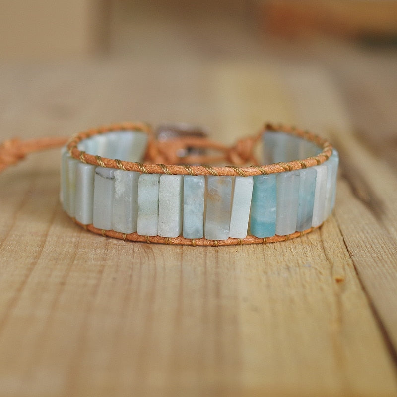 Hand Woven Caribbean Calcite & Leather Rectangle Bracelet